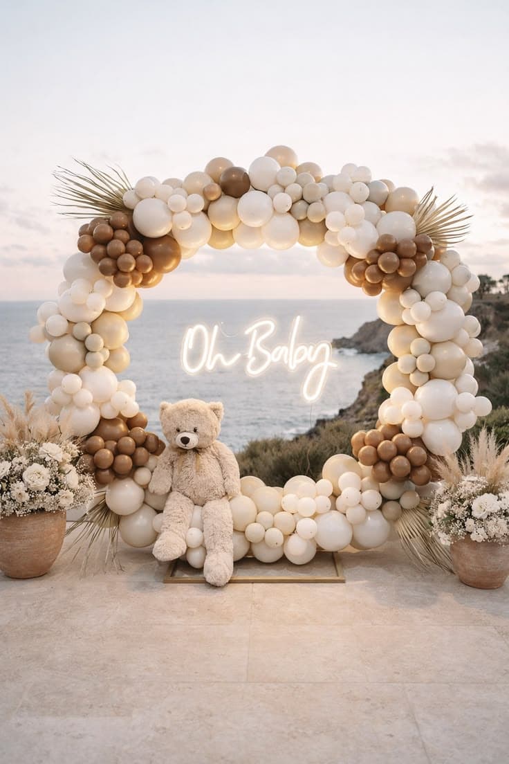 Baby shower balloon arch reading Oh Baby with a teddy bear at its centre