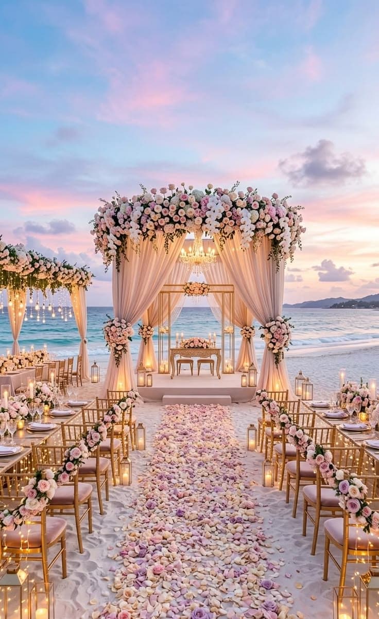 Beachfront wedding aisle lined with floral arrangements and candles at sunset